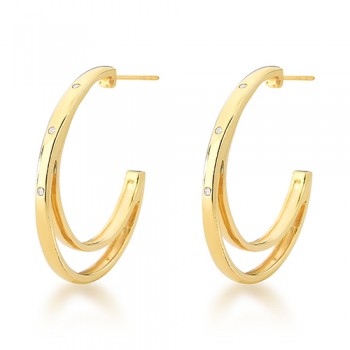 Brinco meia argola media redonda lisa com 3 zirconias cristal. 26.5mm. 151563