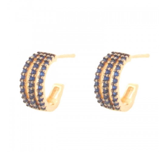 Brinco meia argola media 3 fios zirconia azul safira. 12.5x6.5mm. 151570