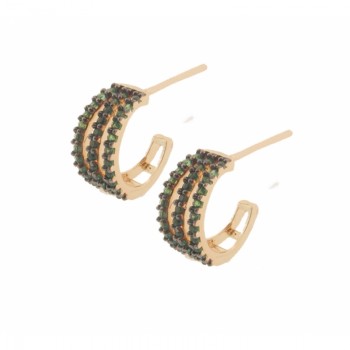 Brinco meia argola media 3 fios zirconia verde esmeralda. 12.5x6.5mm. 151571