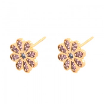Brinco flor petalas zirconia lilas e miolo zirconia azul claro. 9.5mm. 151581
