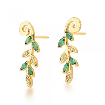 Brinco folhas navete verde e zirconia cristal. 25.5x9.5mm. 151587