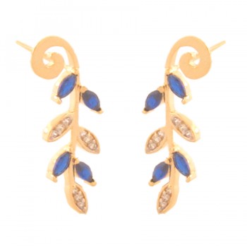 Brinco folhas navete azul safira e zirconia cristal. 25.5x9.5mm. 151590