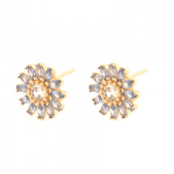 Brinco flor com petalas navete azul claro e miolo zirconia cristal. 11.5mm. 151591