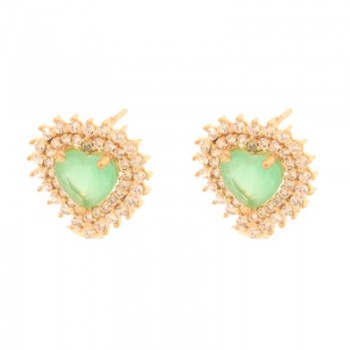 Brinco coracao pedra maior verde com zirconia cristal em volta. 13x12mm. 151606
