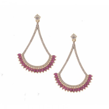 Brinco pendurar zirconia cristal, leque navete vermelho rubi. 41x29mm. 151617
