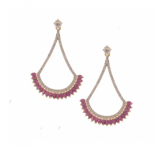 Brinco pendurar zirconia cristal, leque navete vermelho rubi. 41x29mm. 151617