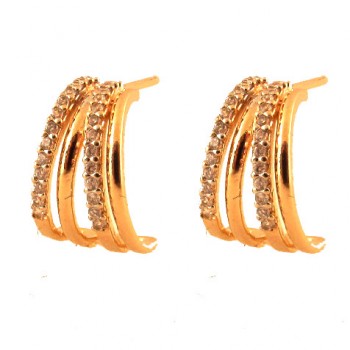 Brinco meia argola media intercalado filete liso e zirconia cristal. 12x9mm. 151659