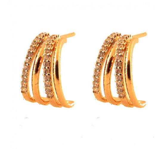 Brinco meia argola media intercalado filete liso e zirconia cristal. 12x9mm. 151659