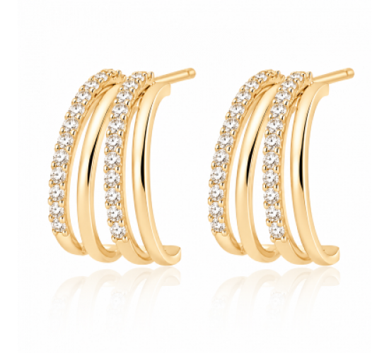 Brinco meia argola media intercalado filete liso e zirconia cristal. 12x9mm. 151659