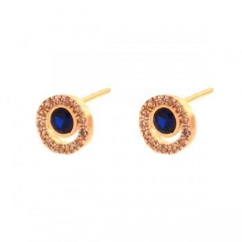 Brinco redondo vazado com zirconia azul no centro e cristal em volta. 8mm. 151668