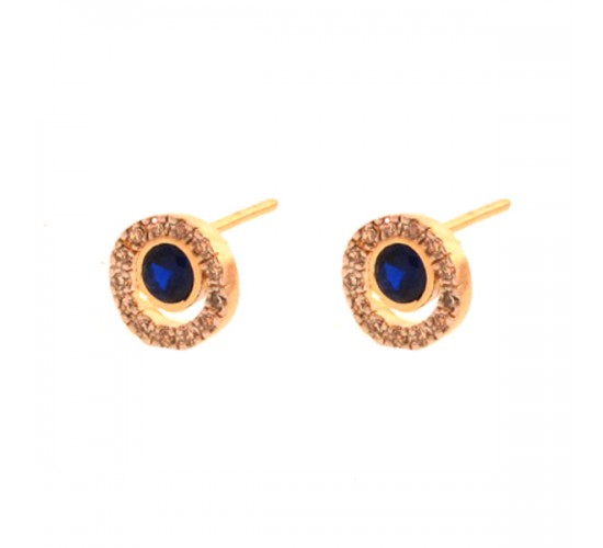 Brinco redondo vazado com zirconia azul no centro e cristal em volta. 8mm. 151668