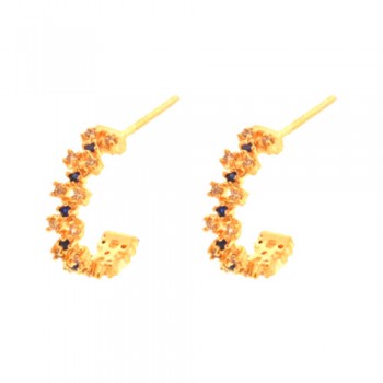 Brinco meia argola media zirconia cristal e azul safira. 15mm. 151688