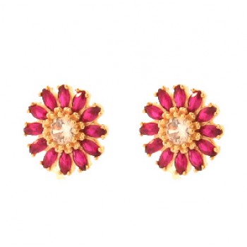 Brinco flor com petalas navete vermelho rubi e miolo zirconia cristal. 11.5mm. 151696