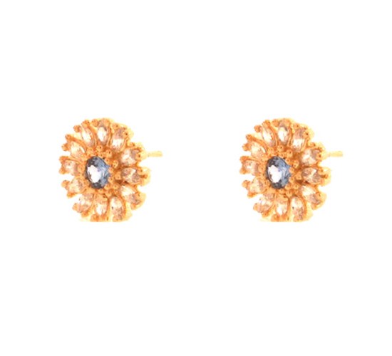 Brinco flor com petalas navete cristal e miolo zirconia azul claro. 11.5mm. 151710