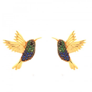 Brinco beija flor zirconia verde e azul. 17x13.5mm. 151728