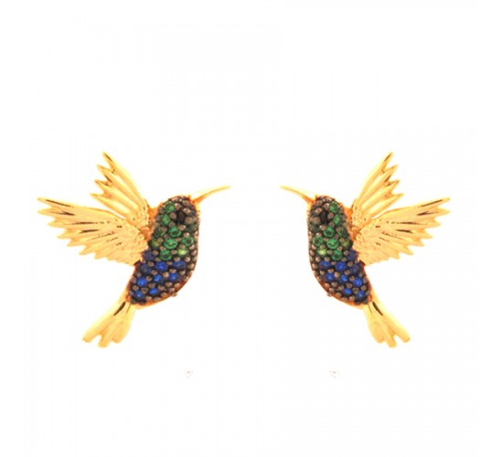 Brinco beija flor zirconia verde e azul. 17x13.5mm. 151728