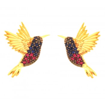 Brinco beija flor pequeno zirconia azul e vermelha. 17x13.5mm. 151729