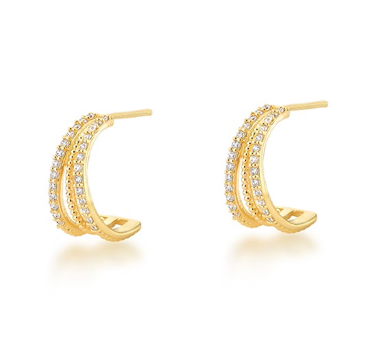 Brinco meia argola 3 fios con zirconia cristal nas laterais. 13.5x7mm. 151735