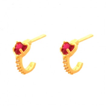Brinco meia argola pequena zirconia branca com coracao zirconia vermelho rubi. 10x5mm. 1517399