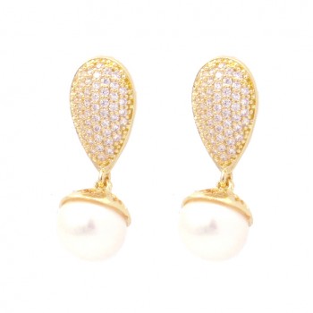 Brinco zirconia cristal com perola pendurada. 18x8.5mm. 151970