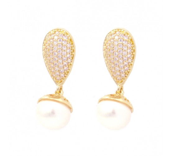 Brinco zirconia cristal com perola pendurada. 18x8.5mm. 151970