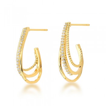 Brinco meia argola oval, 3 aros liso e zirconia cristal. 23.5mm. 1520470. 