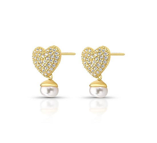 Brinco coracao com zirconia e perola 5mm. 1520570