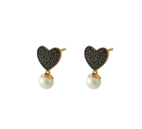 Brinco coracao com zirconia e perola 5mm. 1520575