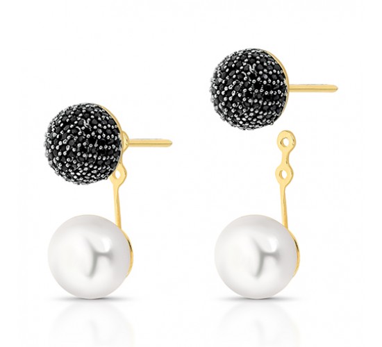 Brinco encaixe esfera zirconia negra, e perola. 10mm. 1520585