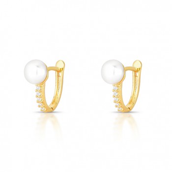 Brinco argola pequena ova 14mm, com perola de 6mm e zirconia cristal na frente. 1520600