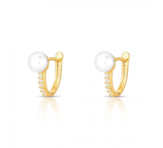 Brinco argola pequena ova 14mm, com perola de 6mm e zirconia cristal na frente. 1520600