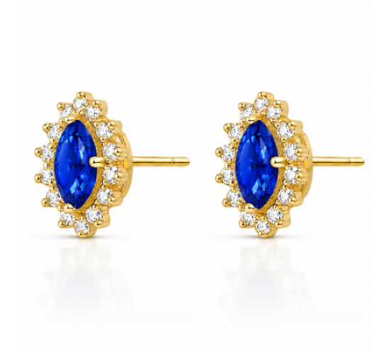 Brinco pedra maior oval zirconia azul, zirconia cristal em volta. 10.5x8mm. 1530042