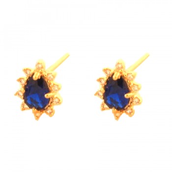 Brinco solitario gota azul safira e zirconia cristal em volta. 10x8mm. 1530052