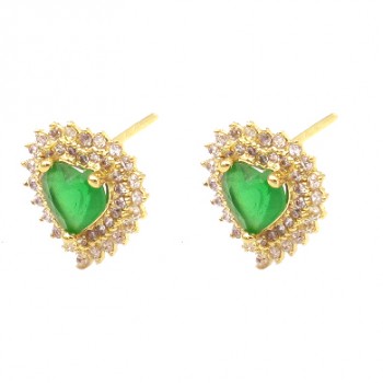 Brinco coracao verde esmeralda todo cravejado com zirconia branca. 13x12mm. 1530068