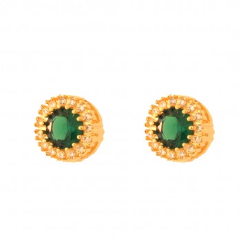 Brinco chuveiro redondo pedra maior zirconia verde esmeralda com zirconia cristal em volta. 7.5mm. 1530098