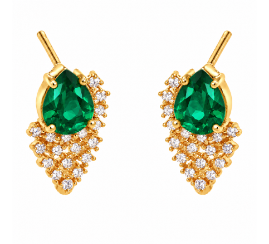 Brinco gota verde esmeralda com cascata de zirconia cristal. 16x9mm. 1530108