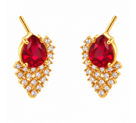Brinco gota vermelho rubi com cascata de zirconia cristal. 16x9mm. 1530109