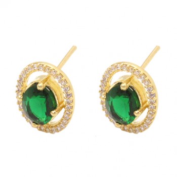 Brinco oval vazado, zirconia branca em volta e verde esmeralda dentro. 14x11mm. 1530118