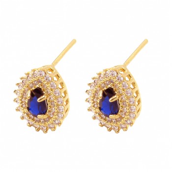 Brinco gota azul safira dentro e zirconia cristal em volta. 13x11mm. 1530172
