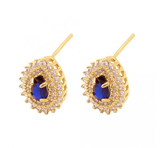 Brinco gota azul safira dentro e zirconia cristal em volta. 13x11mm. 1530172