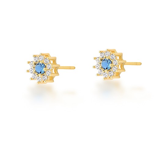 Brinco flor quepquena miolo zirconia azul e cristal em volta. 8mm. 1530232