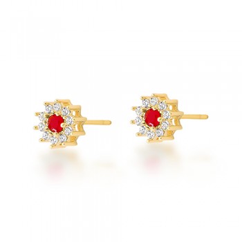 Brinco flor pequena miolo zirconia vermelho rubi e cristal em volta. 8mm. 1530239