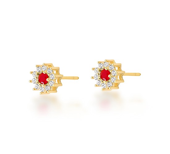 Brinco flor pequena miolo zirconia vermelho rubi e cristal em volta. 8mm. 1530239