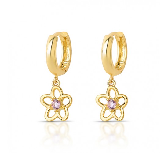 Brinco argola pequena com flor zirconia rosa pendurada. 1535406