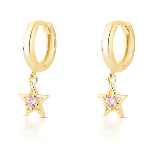 Brinco argola pequena estrela pendurada zirconia rosa claro. 1535416