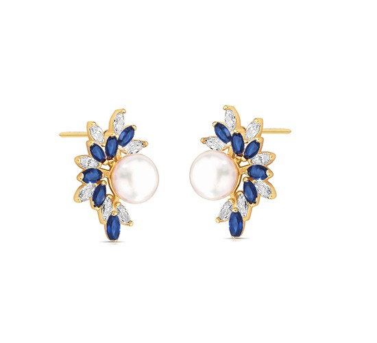 Brinco com navetes azul safira e cristal, perola 6mm. 16x10mm. 1535452