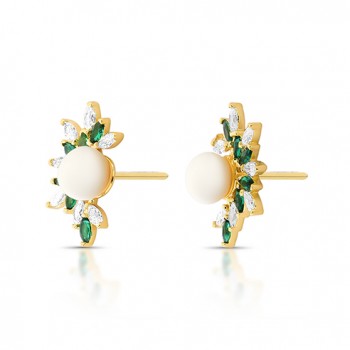 Brinco navete cristal e verde esmeralda com perola 6mm. 1535458