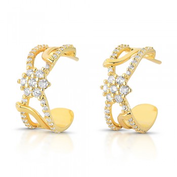 Brinco meia argola 20mm aro vazado lisoe zirconia cristal, flor cristal no meio. 1535470