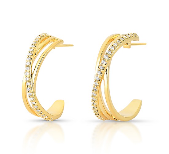 Brinco meia argola 20mm, sobreposta aros lisos e um aro com zirconia cristal. 1535490