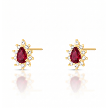 Brinco gota vermelho rubi 9mm, zirconia cristal em volta. Corrente 45cm. 1535569